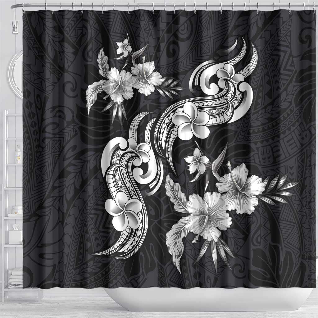 Hawaiian-Polynesian Art Tattoo Shower Curtain Hibiscus and Plumeria Grayscale