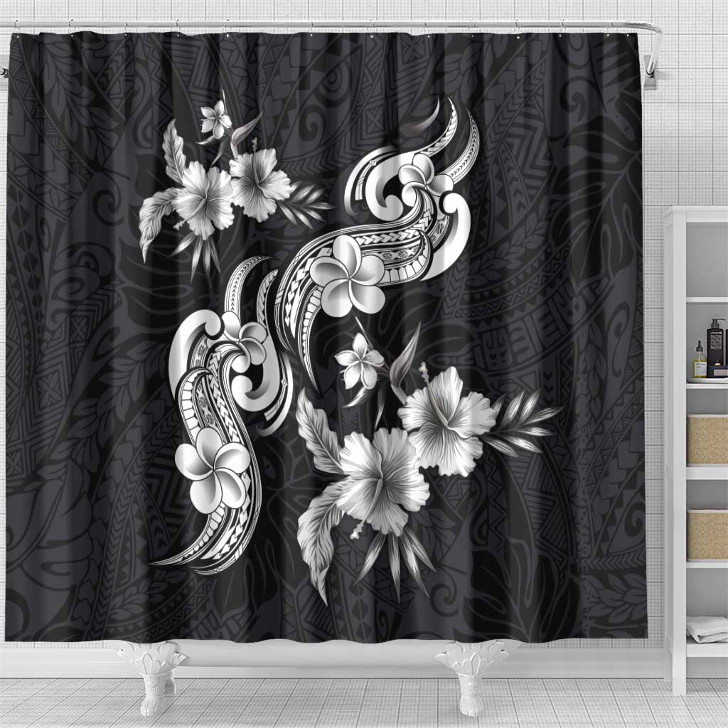 Hawaiian-Polynesian Art Tattoo Shower Curtain Hibiscus and Plumeria Grayscale