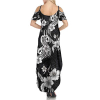 Hawaiian-Polynesian Art Tattoo Summer Maxi Dress Hibiscus and Plumeria Grayscale