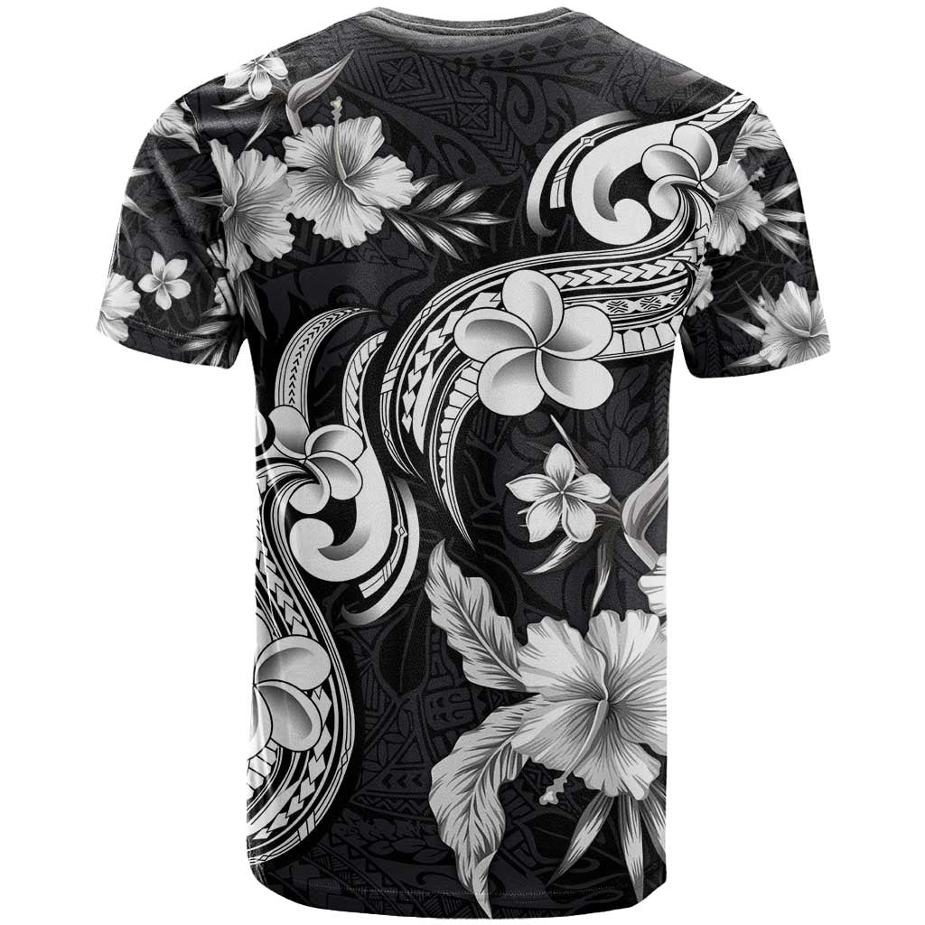 Hawaiian-Polynesian Art Tattoo T Shirt Hibiscus and Plumeria Grayscale