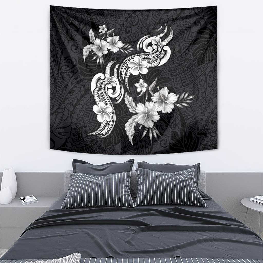 Hawaiian-Polynesian Art Tattoo Tapestry Hibiscus and Plumeria Grayscale