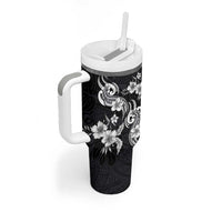 Hawaiian-Polynesian Art Tattoo Tumbler With Handle Hibiscus and Plumeria Grayscale