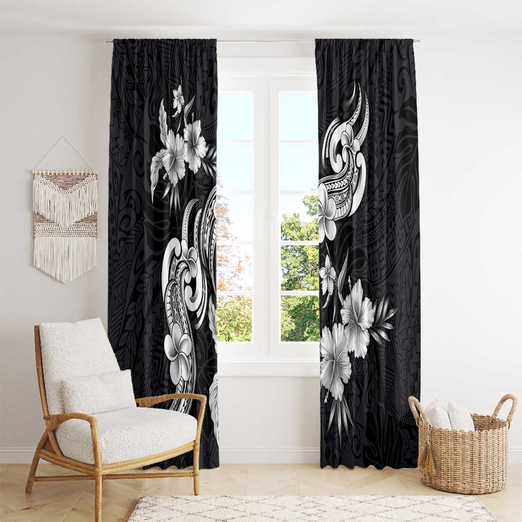 Hawaiian-Polynesian Art Tattoo Window Curtain Hibiscus and Plumeria Grayscale