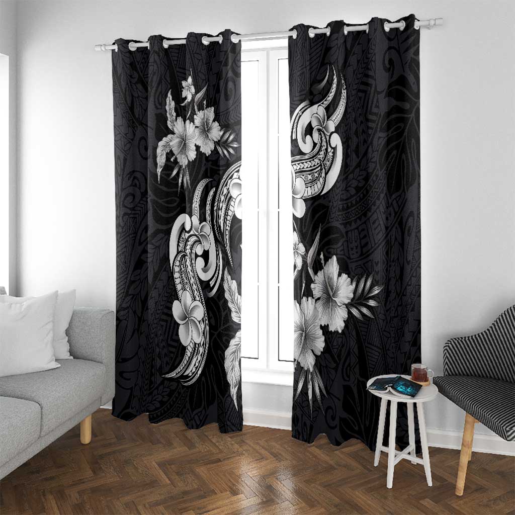 Hawaiian-Polynesian Art Tattoo Window Curtain Hibiscus and Plumeria Grayscale