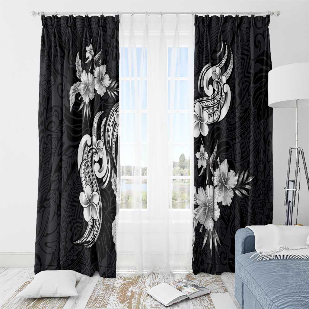 Hawaiian-Polynesian Art Tattoo Window Curtain Hibiscus and Plumeria Grayscale
