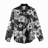 Hawaiian-Polynesian Art Tattoo Women Casual Shirt Hibiscus and Plumeria Grayscale