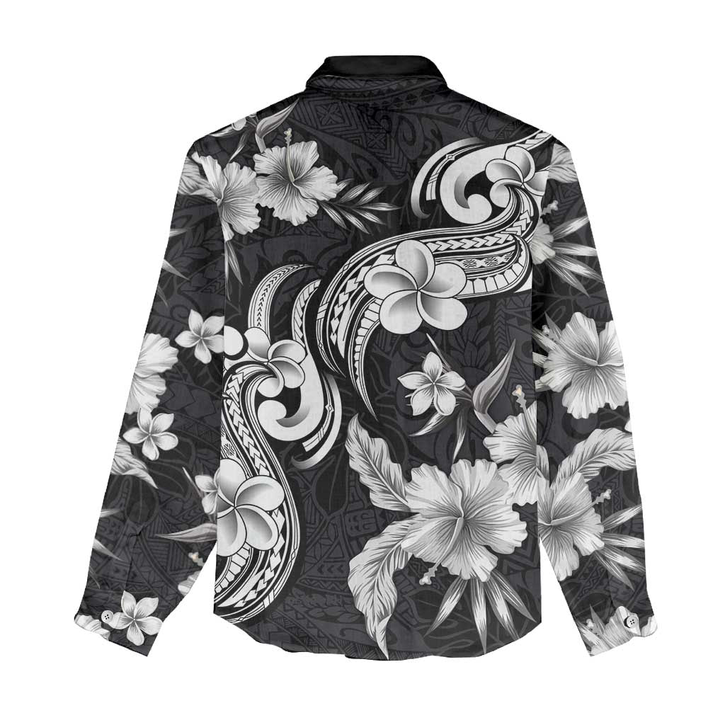 Hawaiian-Polynesian Art Tattoo Women Casual Shirt Hibiscus and Plumeria Grayscale