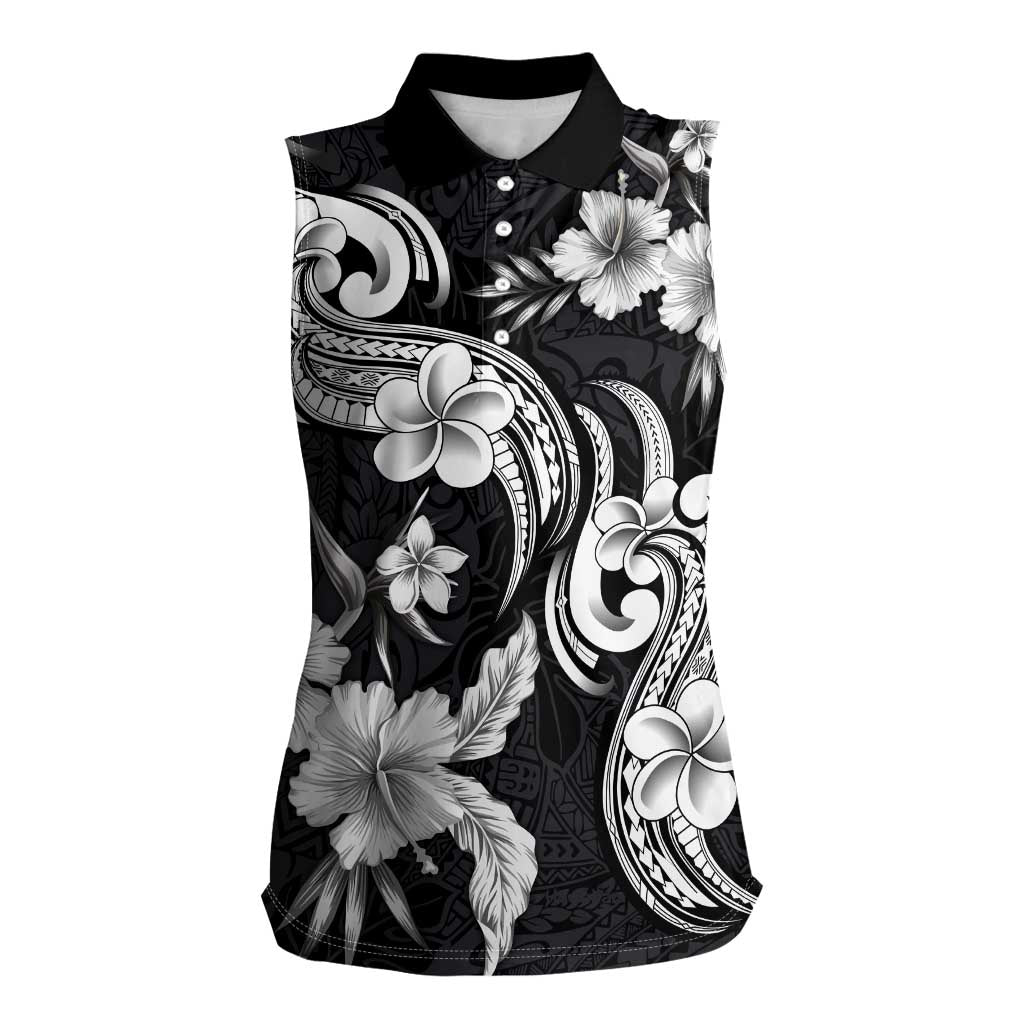 Hawaiian-Polynesian Art Tattoo Women Sleeveless Polo Shirt Hibiscus and Plumeria Grayscale LT03 Female Black - Polynesian Pride