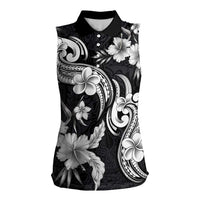 Hawaiian-Polynesian Art Tattoo Women Sleeveless Polo Shirt Hibiscus and Plumeria Grayscale LT03 Female Black - Polynesian Pride