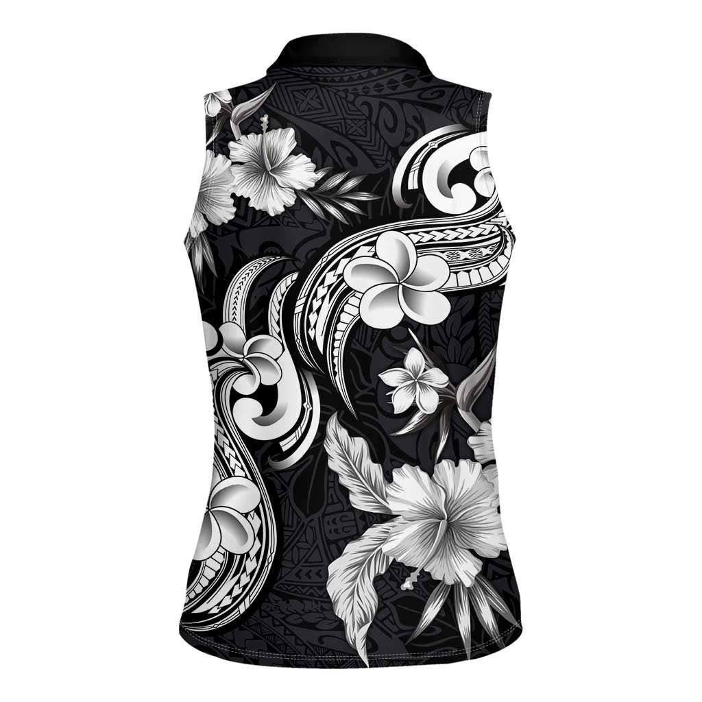 Hawaiian-Polynesian Art Tattoo Women Sleeveless Polo Shirt Hibiscus and Plumeria Grayscale LT03 - Polynesian Pride