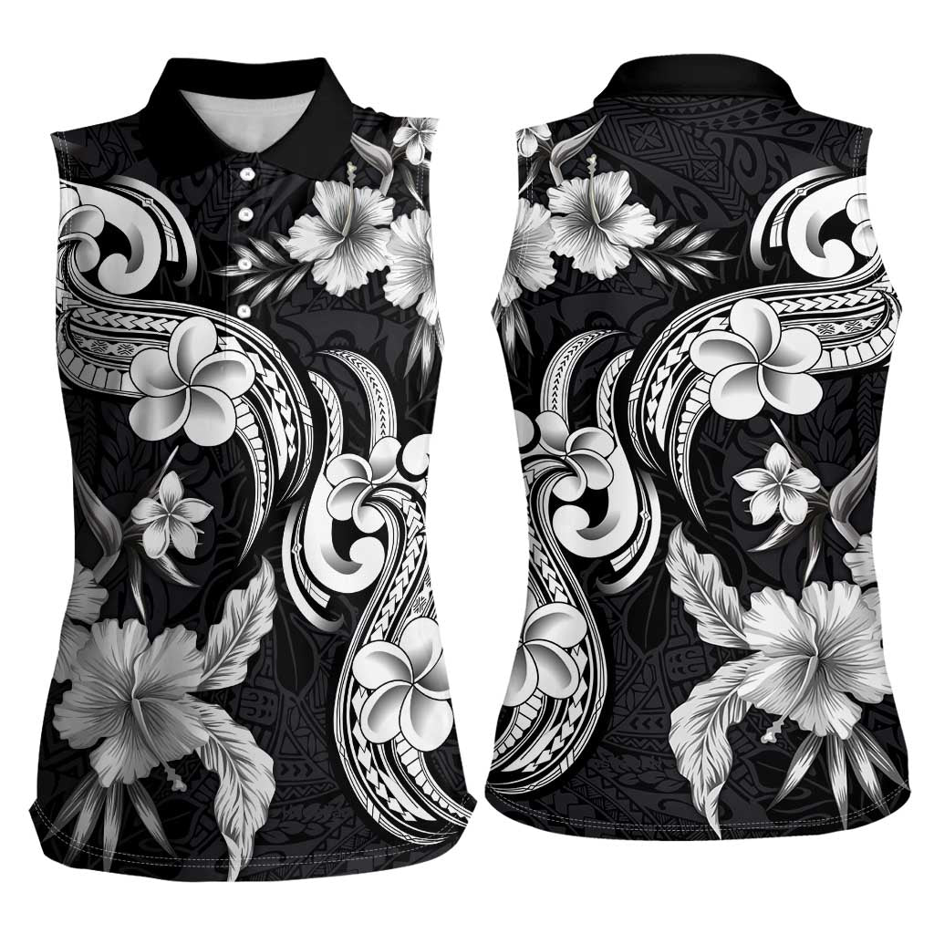 Hawaiian-Polynesian Art Tattoo Women Sleeveless Polo Shirt Hibiscus and Plumeria Grayscale LT03 - Polynesian Pride