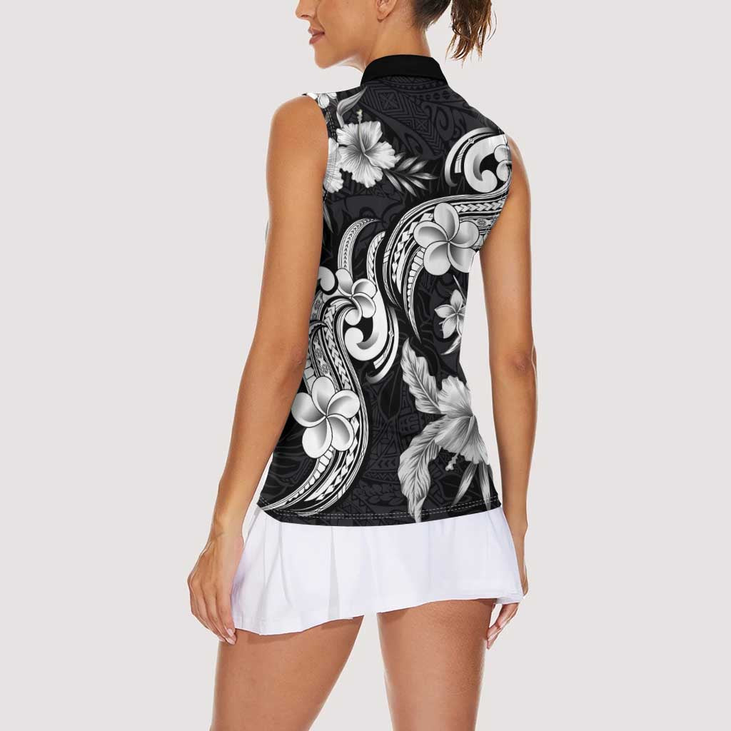Hawaiian-Polynesian Art Tattoo Women Sleeveless Polo Shirt Hibiscus and Plumeria Grayscale LT03 - Polynesian Pride