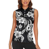 Hawaiian-Polynesian Art Tattoo Women Sleeveless Polo Shirt Hibiscus and Plumeria Grayscale LT03 - Polynesian Pride