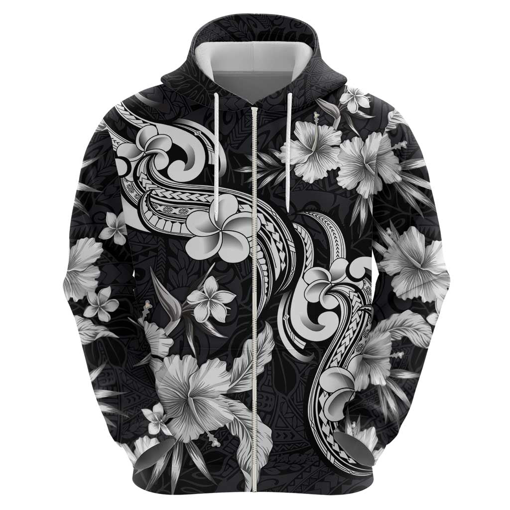 Hawaiian-Polynesian Art Tattoo Zip Hoodie Hibiscus and Plumeria Grayscale
