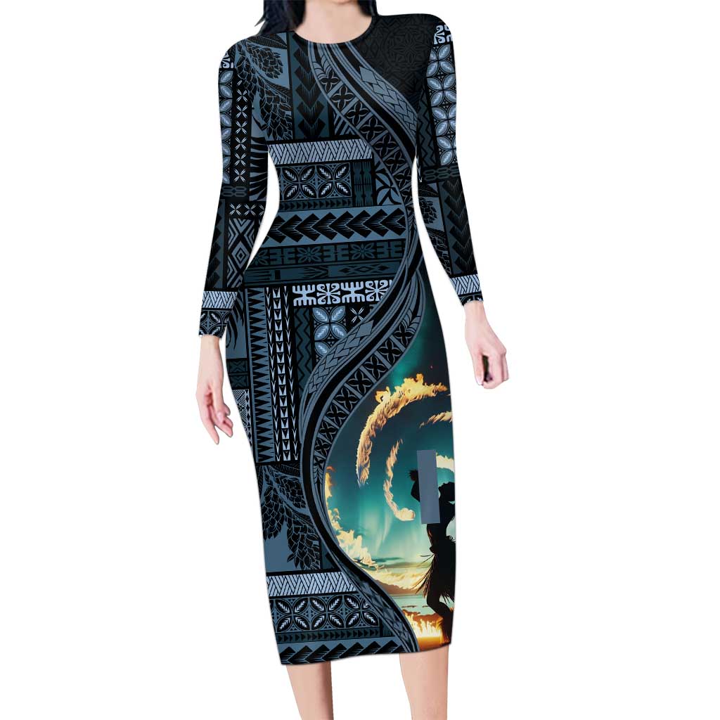 Samoan Siapo Motif and Siva Afi Dance Long Sleeve Bodycon Dress