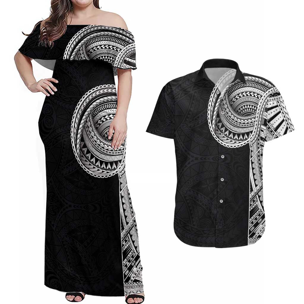 Samoan Art Tattoo Polynesian Pattern Couples Matching Off Shoulder Maxi Dress and Hawaiian Shirt