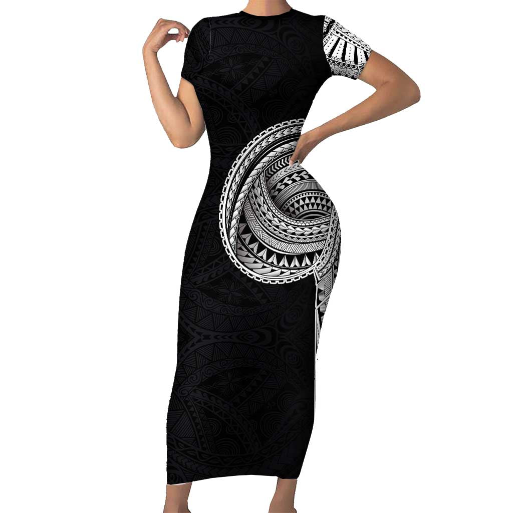 Samoan Art Tattoo Polynesian Pattern Short Sleeve Bodycon Dress LT03 Long Dress Black - Polynesian Pride