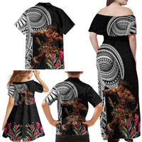 Samoan Warrior Art Tattoo Family Matching Off Shoulder Maxi Dress and Hawaiian Shirt Polynesian Pattern and Teuila