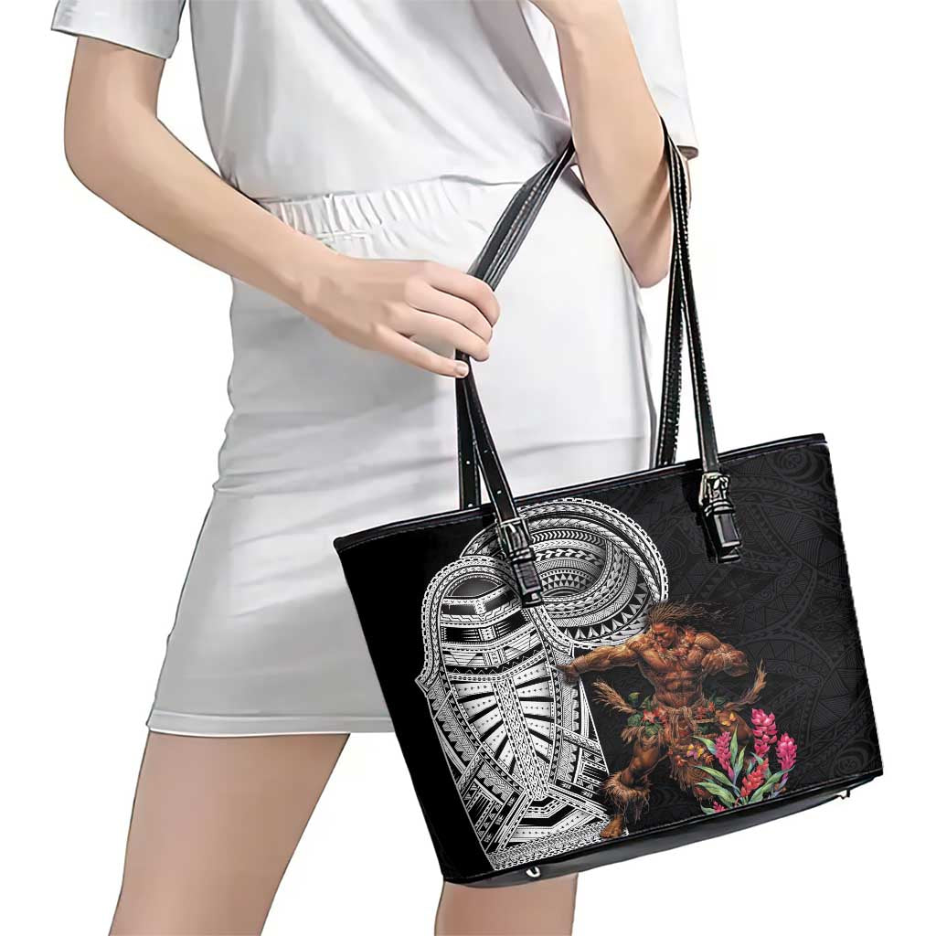 Samoan Warrior Art Tattoo Leather Tote Bag Polynesian Pattern and Teuila