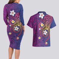 Hawaiian Octopus Tattoo and Frangipani Couples Matching Long Sleeve Bodycon Dress and Hawaiian Shirt LT03