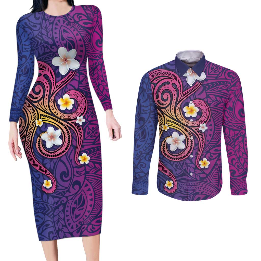Hawaiian Octopus Tattoo and Frangipani Couples Matching Long Sleeve Bodycon Dress and Long Sleeve Button Shirt