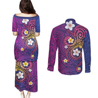Hawaiian Octopus Tattoo and Frangipani Couples Matching Puletasi and Long Sleeve Button Shirt