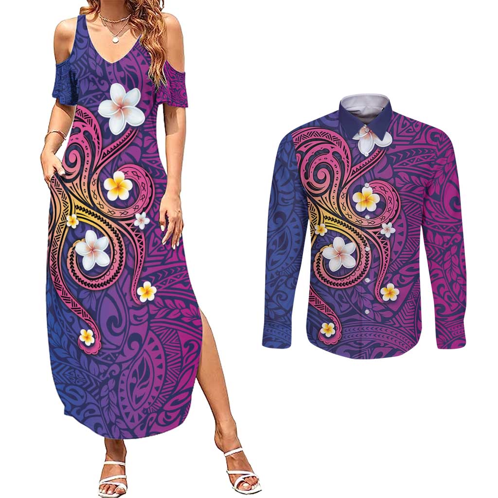 Hawaiian Octopus Tattoo and Frangipani Couples Matching Summer Maxi Dress and Long Sleeve Button Shirt