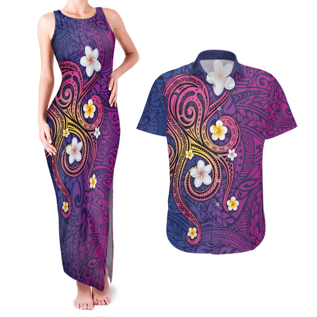 Hawaiian Octopus Tattoo and Frangipani Couples Matching Tank Maxi Dress and Hawaiian Shirt