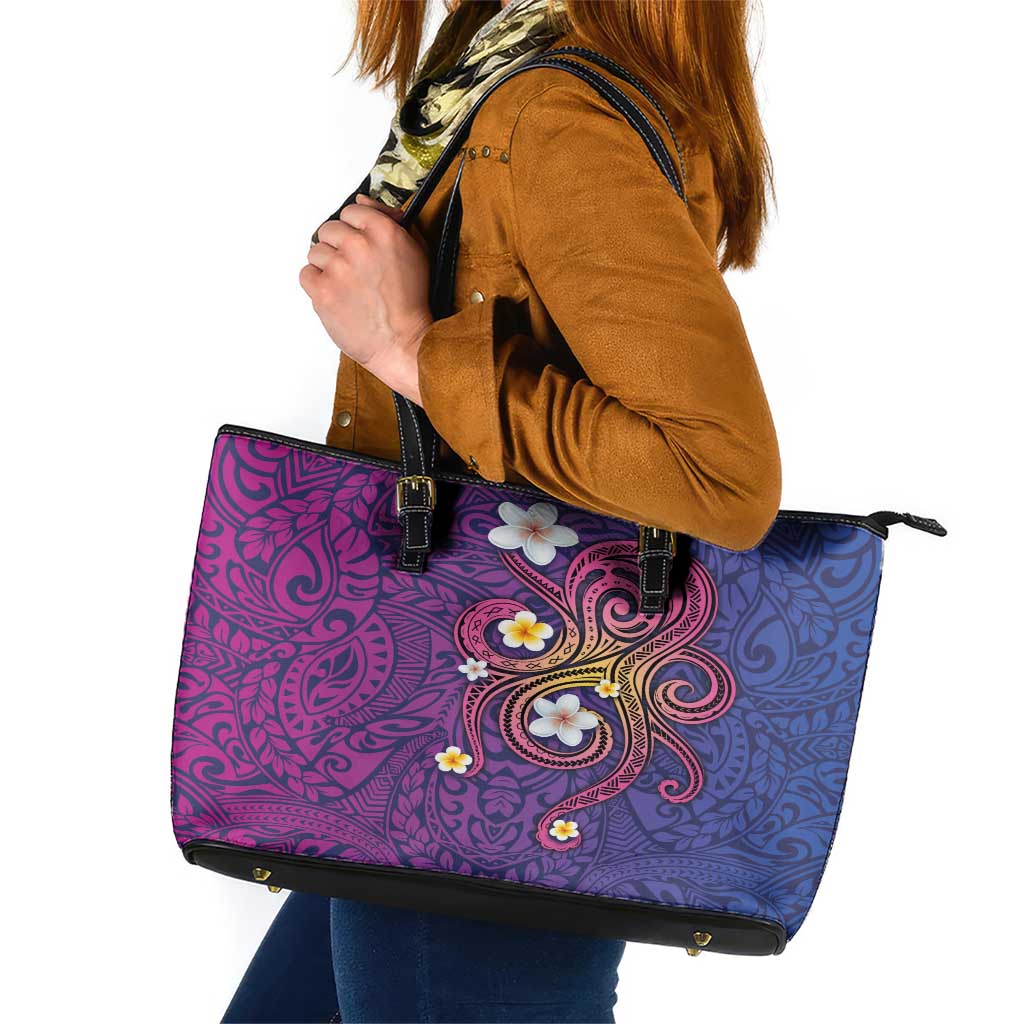 Hawaiian Octopus Tattoo and Frangipani Leather Tote Bag