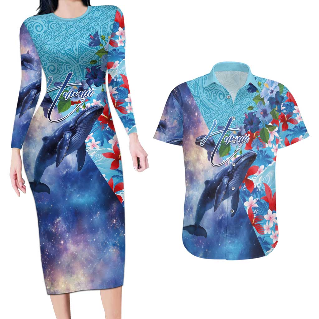Hawaii Aloha Whales Couples Matching Long Sleeve Bodycon Dress and Hawaiian Shirt Hibiscus and Whales with Polynesian Pattern - Polynesian Pride