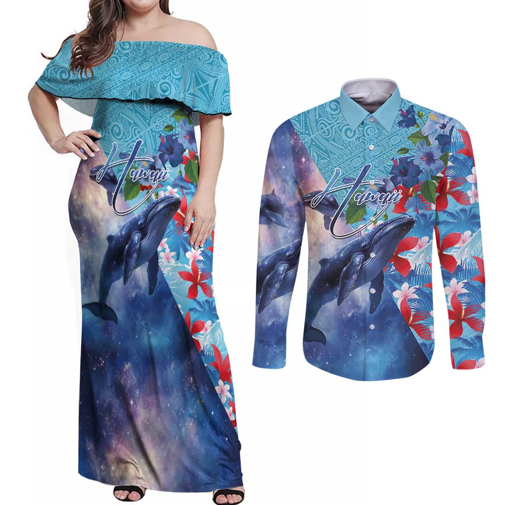 Hawaii Aloha Whales Couples Matching Off Shoulder Maxi Dress and Long Sleeve Button Shirt Hibiscus and Whales with Polynesian Pattern - Polynesian Pride