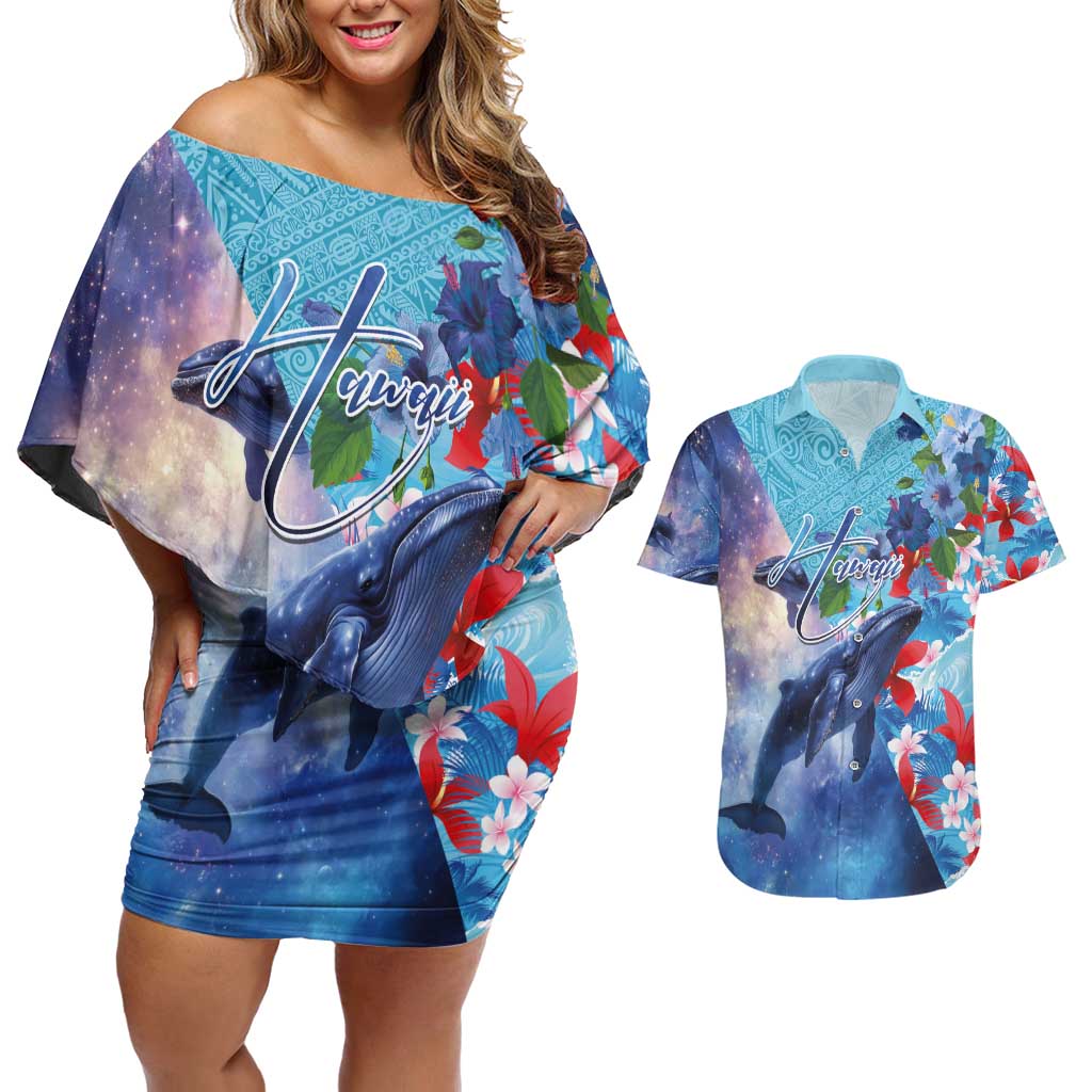 Hawaii Aloha Whales Couples Matching Off Shoulder Short Dress and Hawaiian Shirt Hibiscus and Whales with Polynesian Pattern - Polynesian Pride