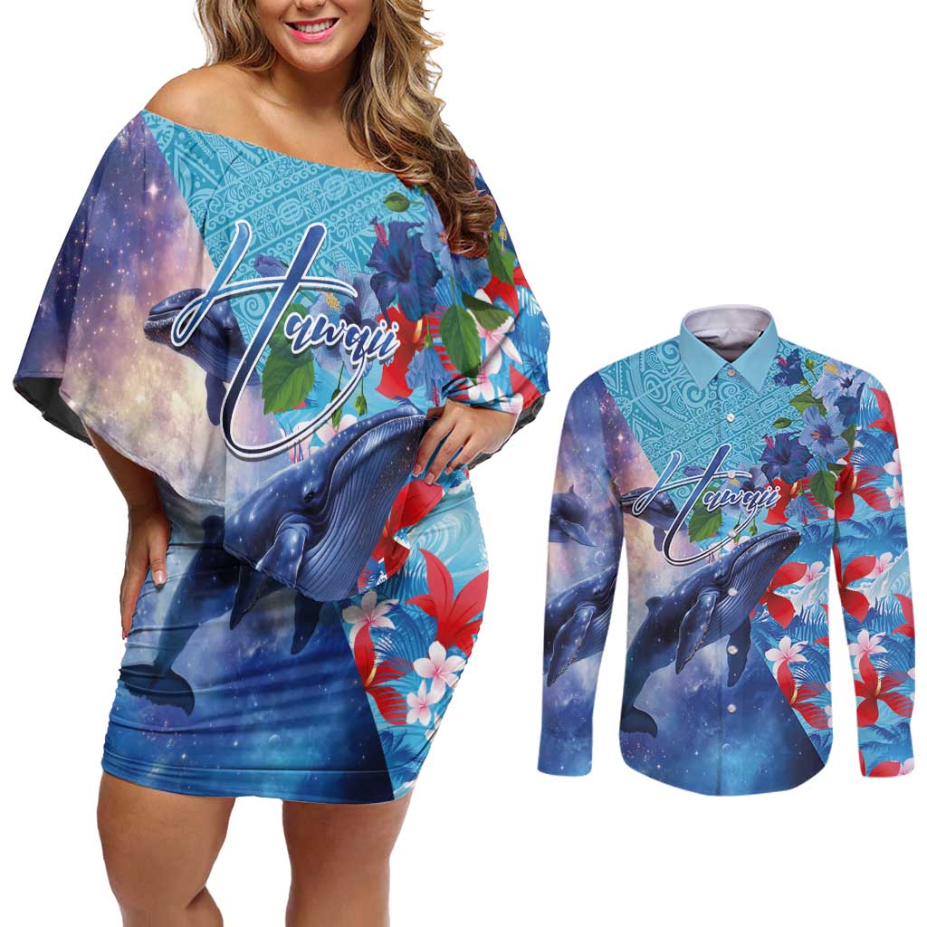 Hawaii Aloha Whales Couples Matching Off Shoulder Short Dress and Long Sleeve Button Shirt Hibiscus and Whales with Polynesian Pattern - Polynesian Pride