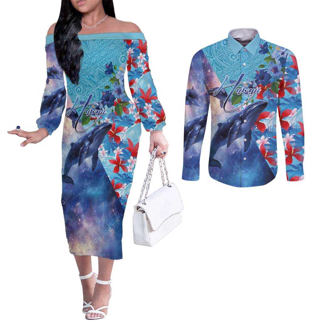 Hawaii Aloha Whales Couples Matching Off The Shoulder Long Sleeve Dress and Long Sleeve Button Shirt Hibiscus and Whales with Polynesian Pattern - Polynesian Pride