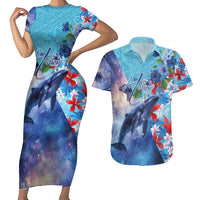 Hawaii Aloha Whales Couples Matching Short Sleeve Bodycon Dress and Hawaiian Shirt Hibiscus and Whales with Polynesian Pattern - Polynesian Pride