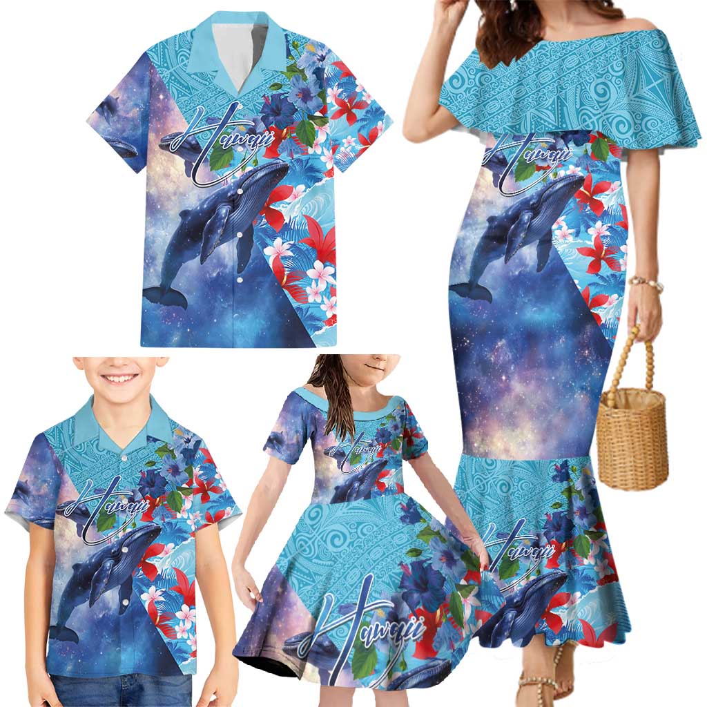 Hawaii Aloha Whales Family Matching Mermaid Dress and Hawaiian Shirt Hibiscus and Whales with Polynesian Pattern - Polynesian Pride