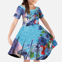 Hawaii Aloha Whales Family Matching Off The Shoulder Long Sleeve Dress and Hawaiian Shirt Hibiscus and Whales with Polynesian Pattern LT03 Daughter's Dress Blue - Polynesian Pride