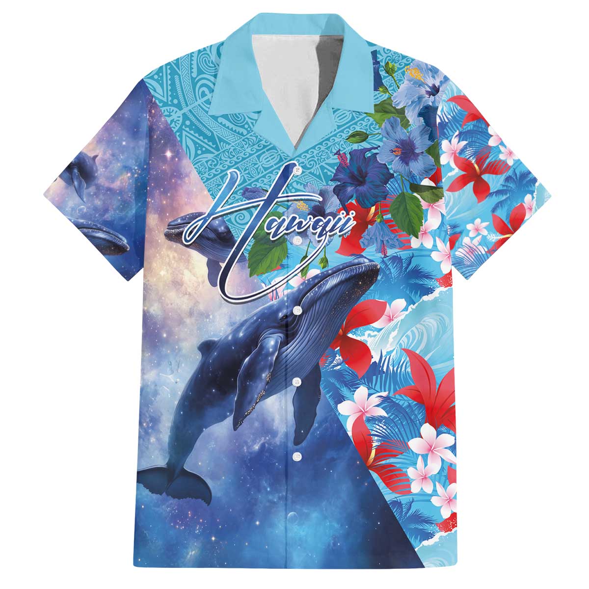 Hawaii Aloha Whales Family Matching Off The Shoulder Long Sleeve Dress and Hawaiian Shirt Hibiscus and Whales with Polynesian Pattern LT03 Dad's Shirt - Short Sleeve Blue - Polynesian Pride
