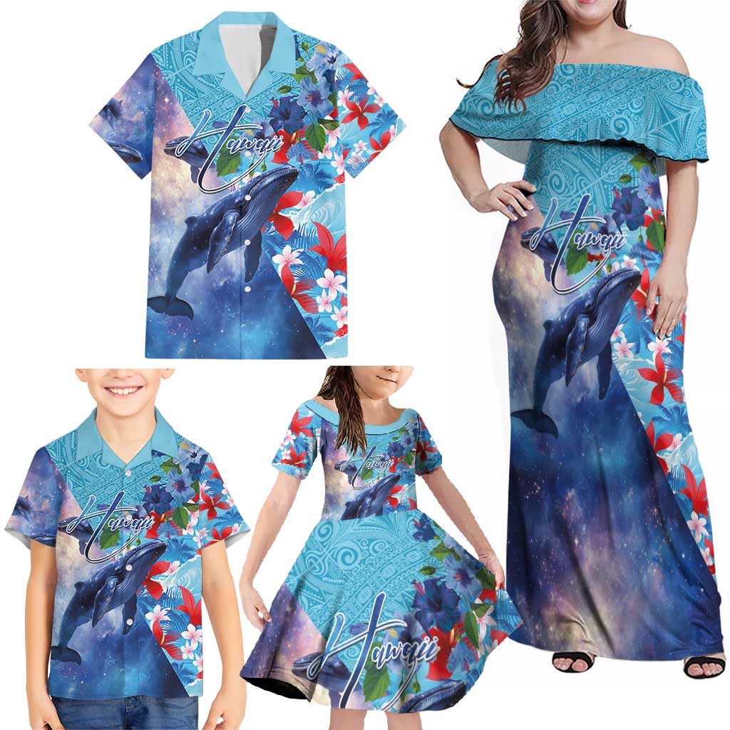 Hawaii Aloha Whales Family Matching Off Shoulder Maxi Dress and Hawaiian Shirt Hibiscus and Whales with Polynesian Pattern - Polynesian Pride