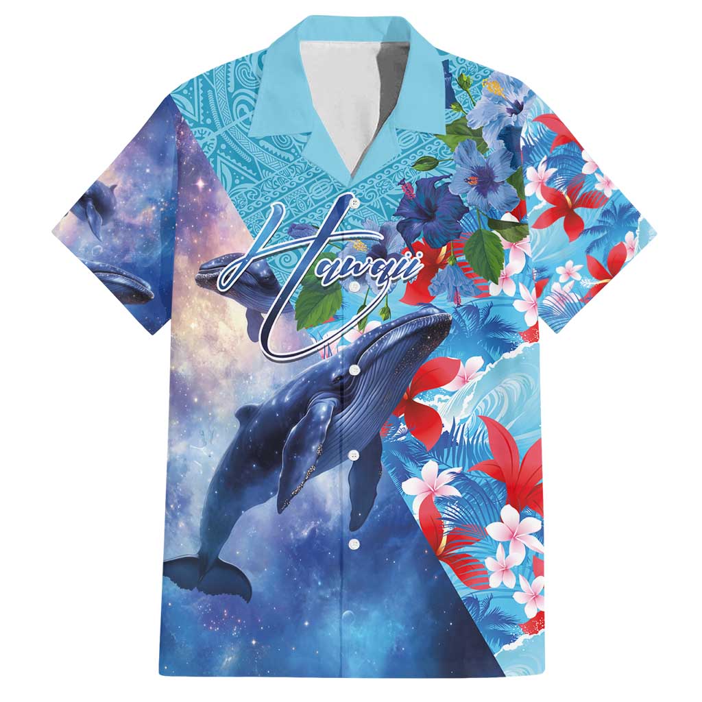 Hawaii Aloha Whales Family Matching Off Shoulder Maxi Dress and Hawaiian Shirt Hibiscus and Whales with Polynesian Pattern LT03 Dad's Shirt - Short Sleeve Blue - Polynesian Pride
