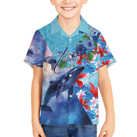 Hawaii Aloha Whales Family Matching Off Shoulder Maxi Dress and Hawaiian Shirt Hibiscus and Whales with Polynesian Pattern LT03 Son's Shirt Blue - Polynesian Pride