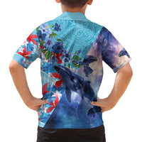Hawaii Aloha Whales Family Matching Off Shoulder Short Dress and Hawaiian Shirt Hibiscus and Whales with Polynesian Pattern LT03 - Polynesian Pride