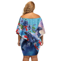 Hawaii Aloha Whales Family Matching Off Shoulder Short Dress and Hawaiian Shirt Hibiscus and Whales with Polynesian Pattern LT03 - Polynesian Pride