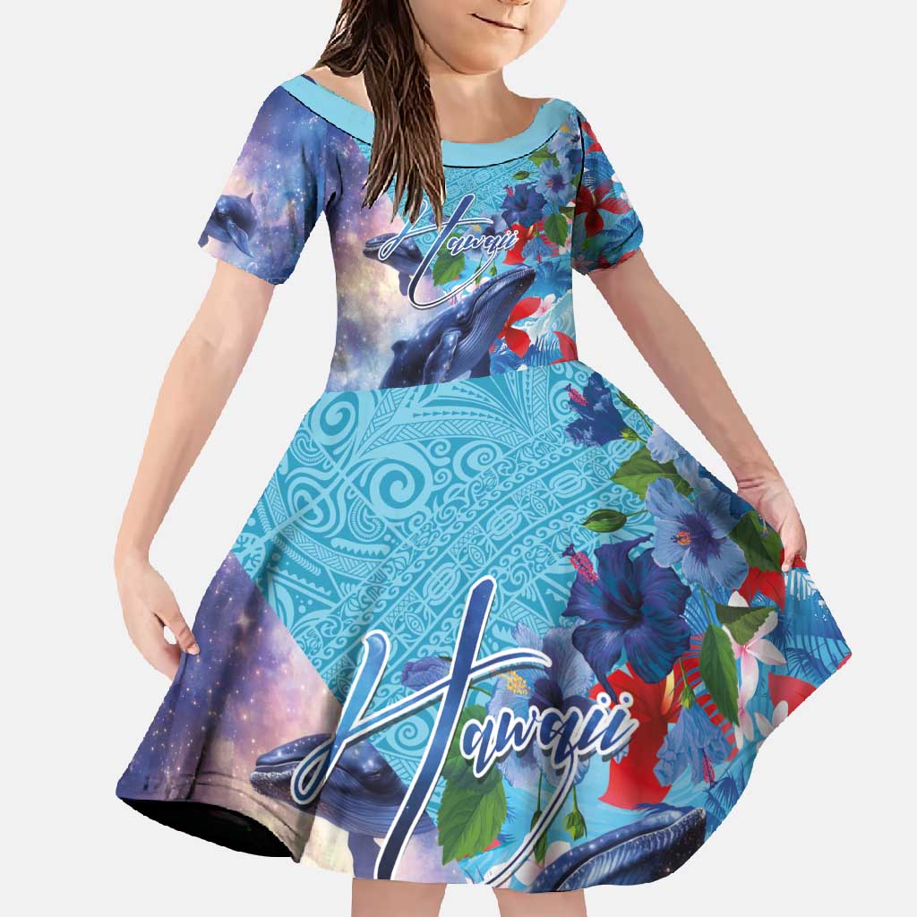 Hawaii Aloha Whales Family Matching Tank Maxi Dress and Hawaiian Shirt Hibiscus and Whales with Polynesian Pattern LT03 Daughter's Dress Blue - Polynesian Pride