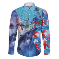 Hawaii Aloha Whales Family Matching Tank Maxi Dress and Hawaiian Shirt Hibiscus and Whales with Polynesian Pattern LT03 Dad's Shirt - Long Sleeve Blue - Polynesian Pride