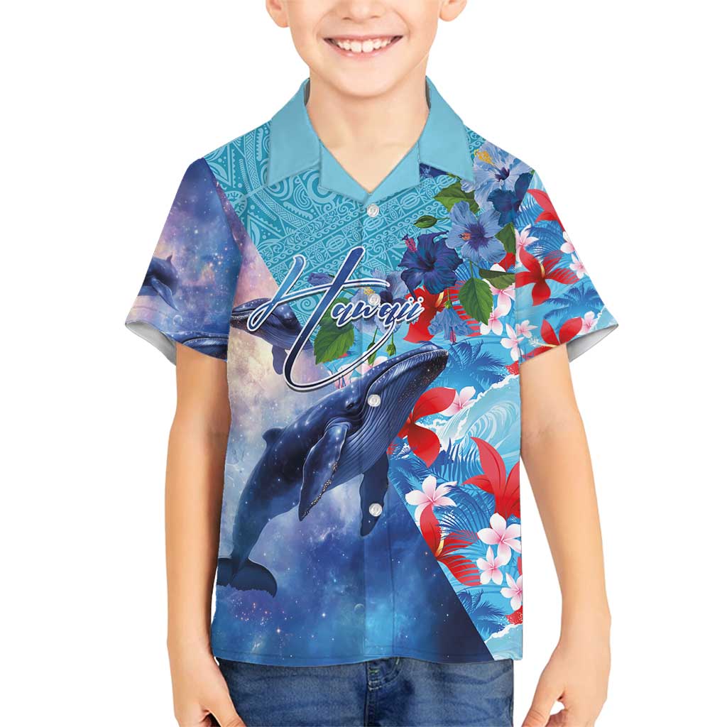 Hawaii Aloha Whales Family Matching Tank Maxi Dress and Hawaiian Shirt Hibiscus and Whales with Polynesian Pattern LT03 Son's Shirt Blue - Polynesian Pride