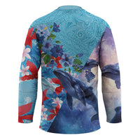 Hawaii Aloha Whales Hockey Jersey Hibiscus and Whales with Polynesian Pattern - Polynesian Pride