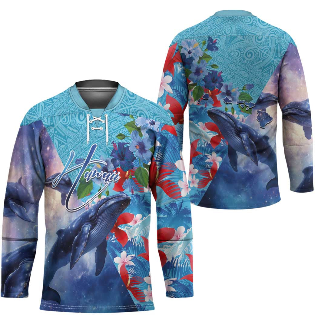 Hawaii Aloha Whales Hockey Jersey Hibiscus and Whales with Polynesian Pattern - Polynesian Pride