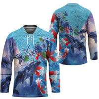 Hawaii Aloha Whales Hockey Jersey Hibiscus and Whales with Polynesian Pattern - Polynesian Pride