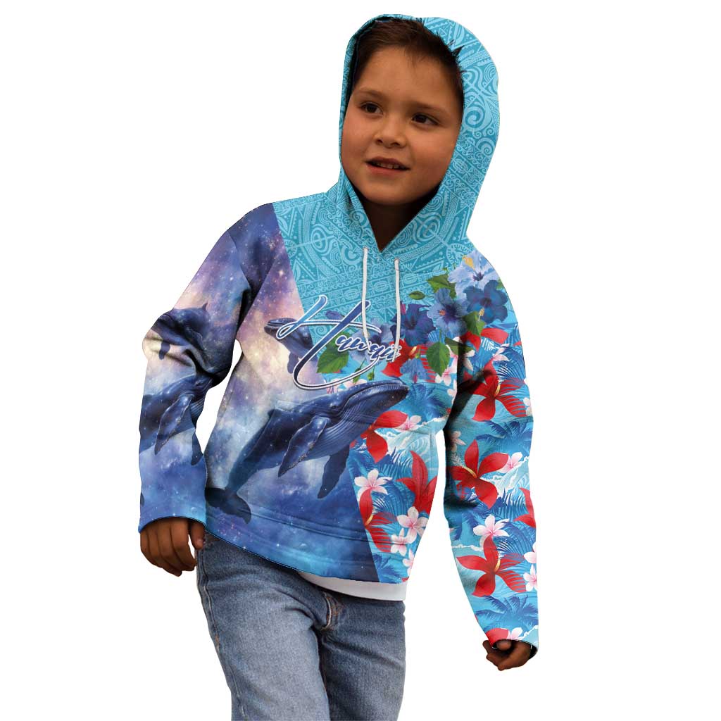 Hawaii Aloha Whales Kid Hoodie Hibiscus and Whales with Polynesian Pattern - Polynesian Pride